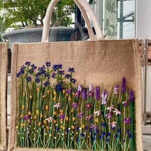 Floral Garden Embroidered Jute Bag